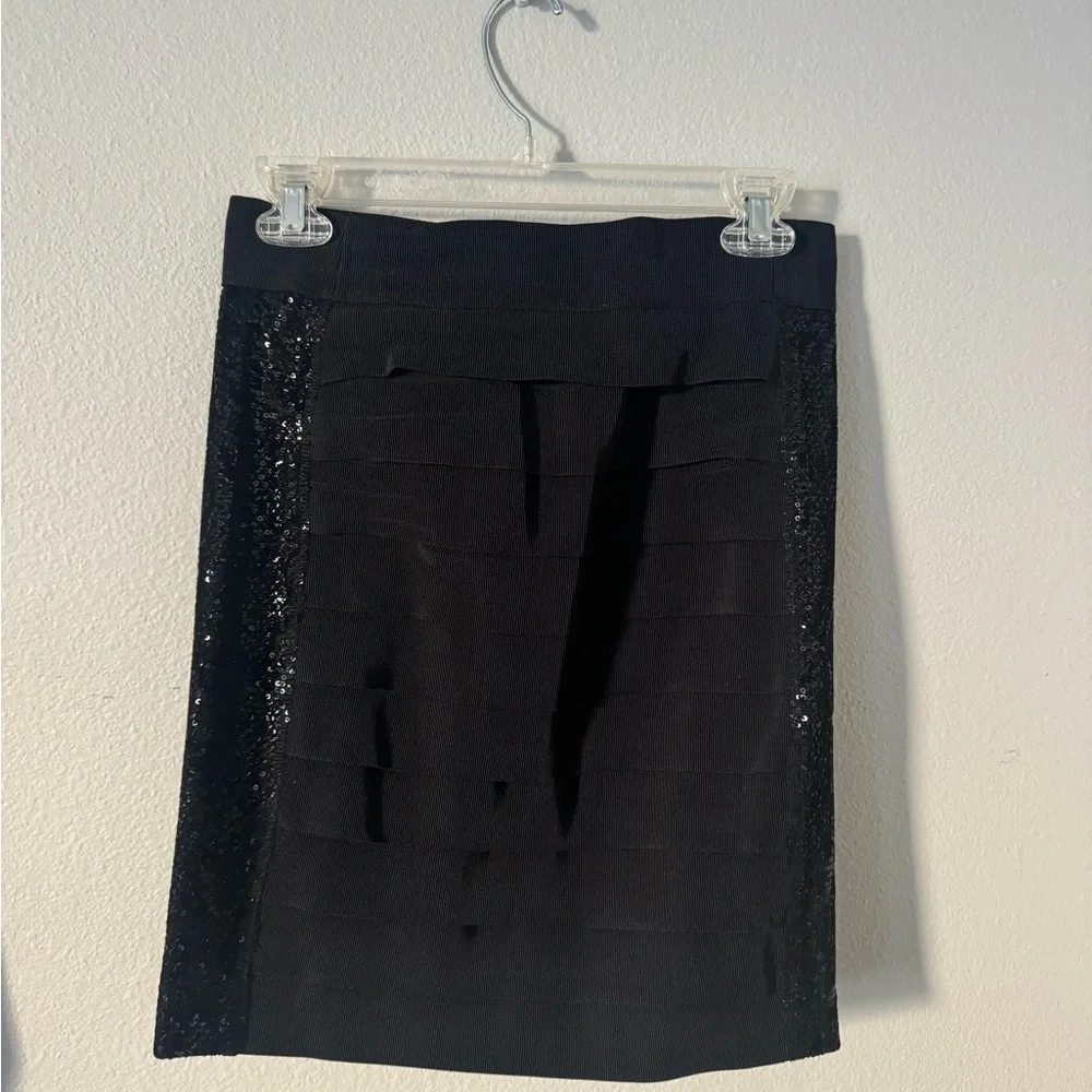 Tory Burch Black Tiered Pencil Skirt with Sequin Side Panels